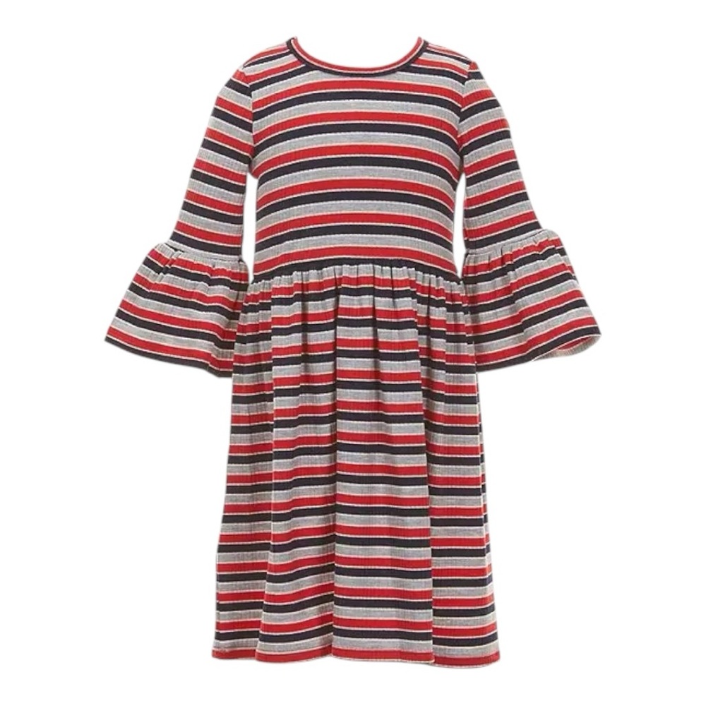 Bonnie Jean Little Girls Bell Sleeve Striped Rib-Knit Fit And Flare Dress 6X